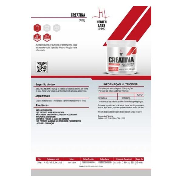 CREATINA HEALTH LABS 300g - Imagem 2